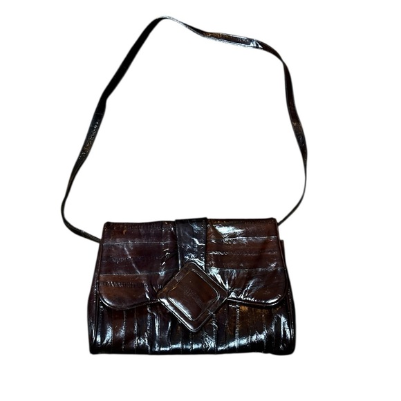 Women’s Vintage Genuine Eel Skin Shoulder Bag Brown Convertible Clutch - Picture 1 of 8